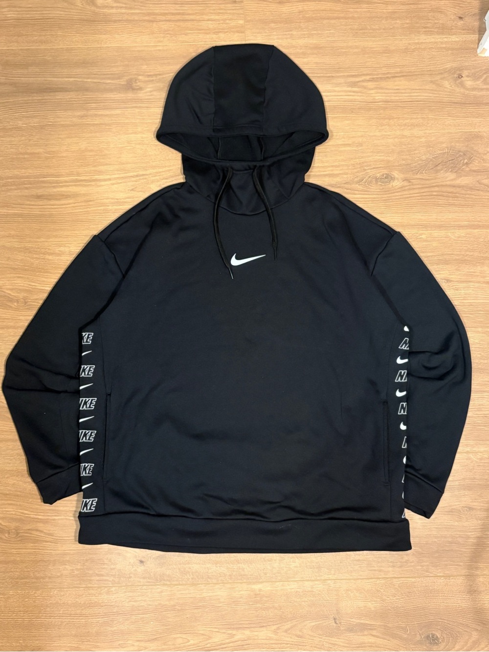 Nike Black Hoodie with White Swoosh and Side Logo Tape